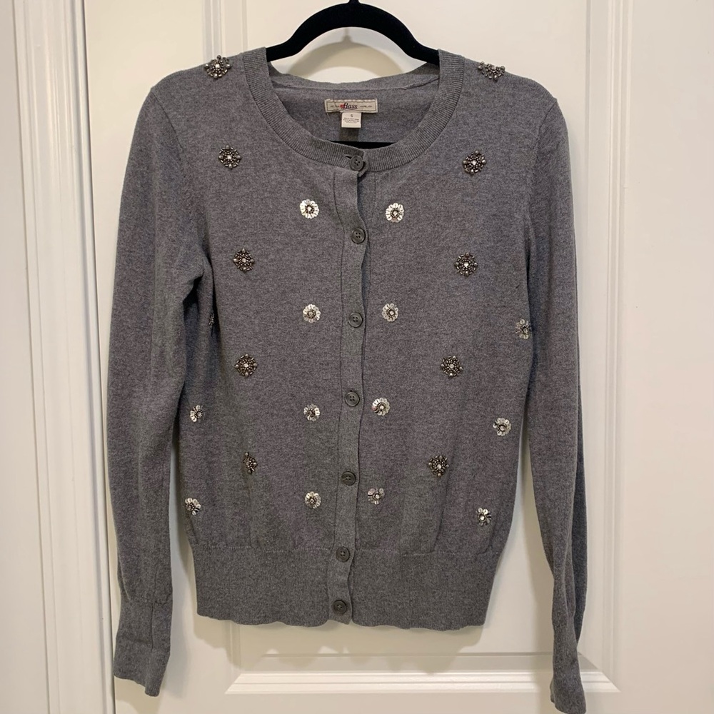 Bass Women's Vintage Gray Embellished Cotton Cashmere Blend Cardigan Size Small